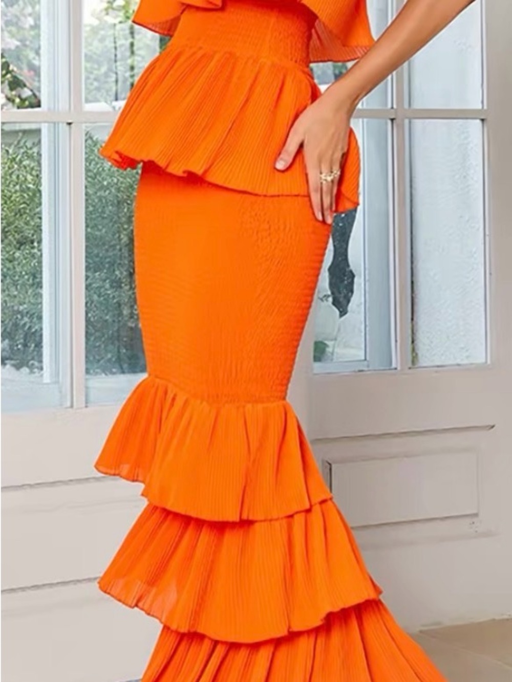chic Bright Orange Tiered Mermaid Maxi Skirt